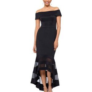 Xscape Black High-Low Off-The-Shoulder Midi Dress Cocktail Gown